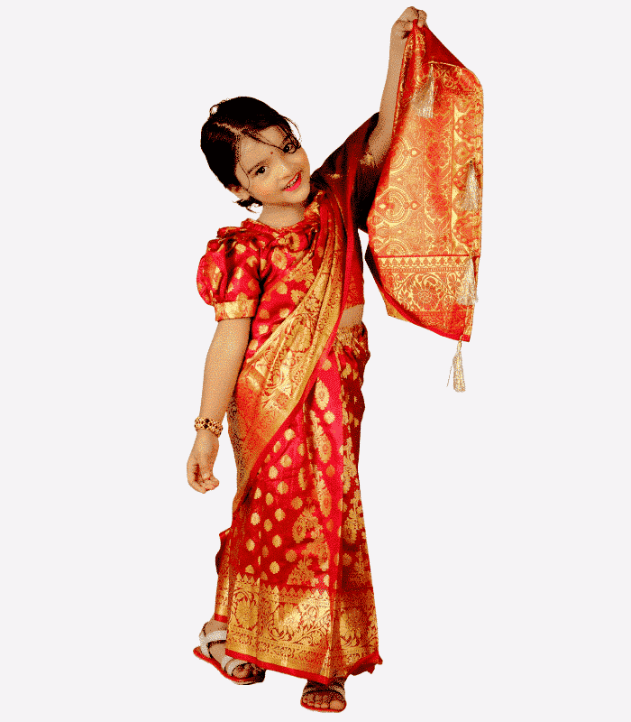 Red Golden Thread Soft Lota Katan Baby Ready Saree