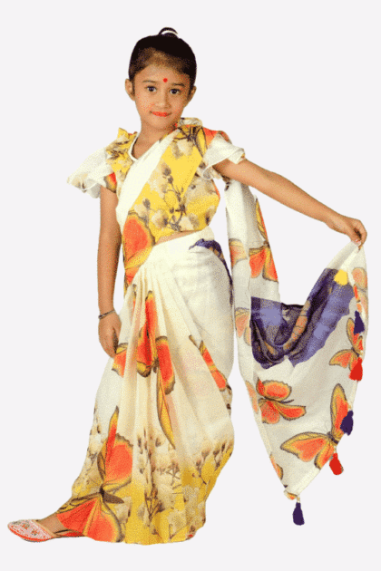 Yellow Butterfly Chanderi Silk Baby Ready Saree with soft, lightweight fabric and cute butterfly design—easy to wear and perfect for festive and party occasions.