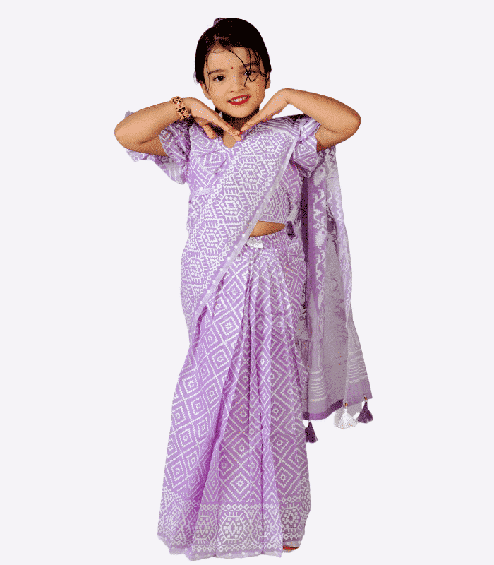 Lavender Jamdani Print Baby Ready Saree