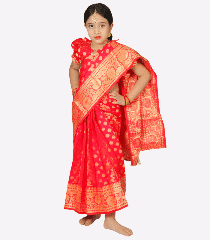 Red Soft Lota Katan Kids Ready Saree