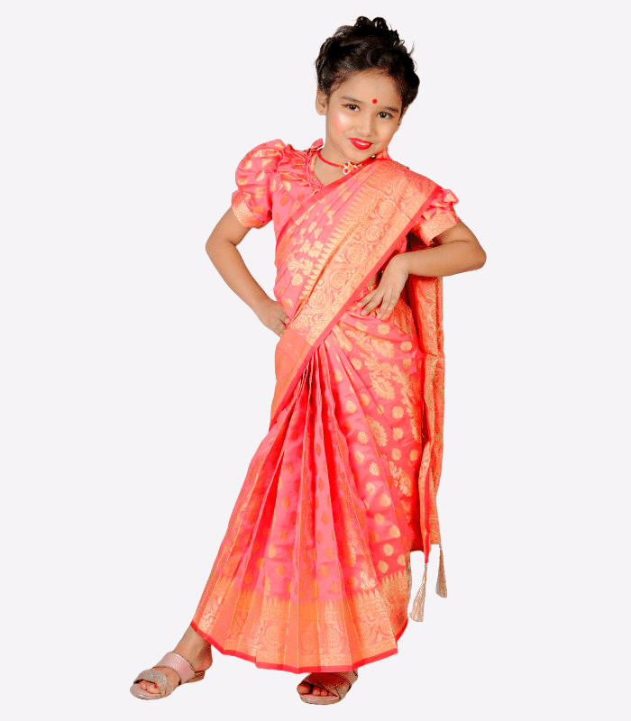 Soft Red Jori Phool Katan Baby Ready Saree