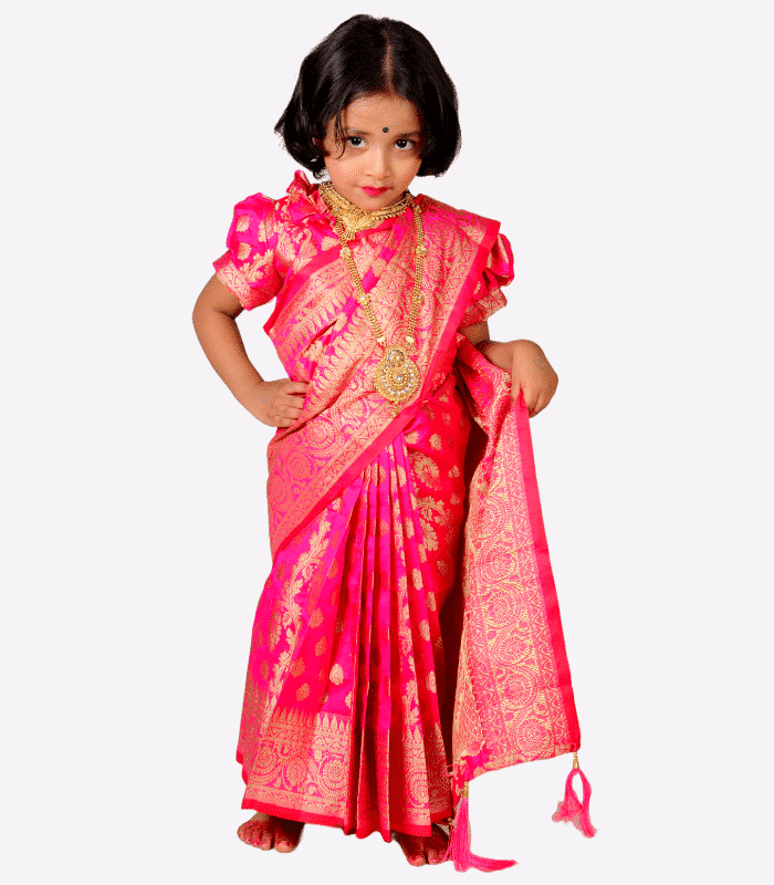 Pink Zari Soft Lota Katan Baby Ready Saree