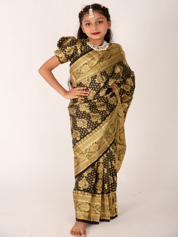 Black Banarashi Katan Kids Ready Saree