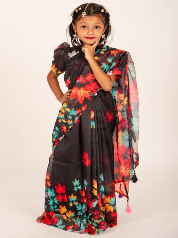 Black Chanderi Silk Chenchuri Leaf Kids Ready Saree for Eid & Weddings – Elegant Festive Wear
