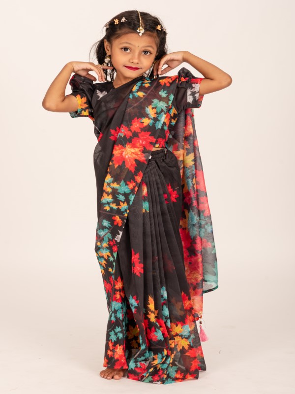 Black Chanderi Silk Chenchuri Leaf Kids Ready Saree (2)