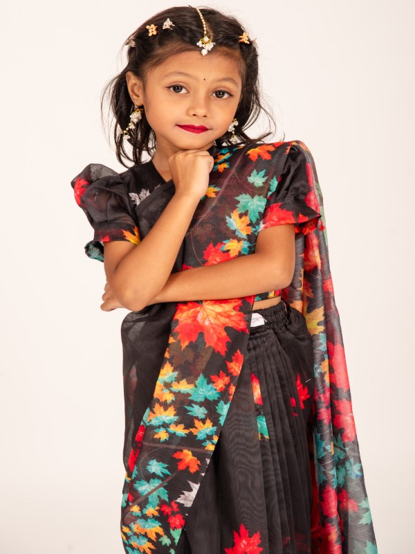 Black Chanderi Silk Chenchuri Leaf Kids Ready Saree (4)