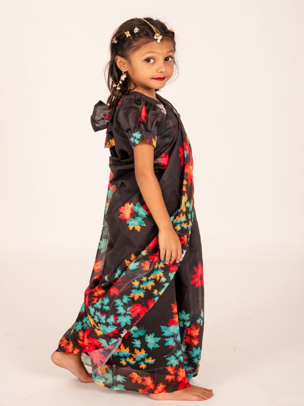 Black Chanderi Silk Chenchuri Leaf Kids Ready Saree (5)