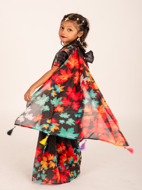 Black Chanderi Silk Chenchuri Leaf Kids Ready Saree (6)