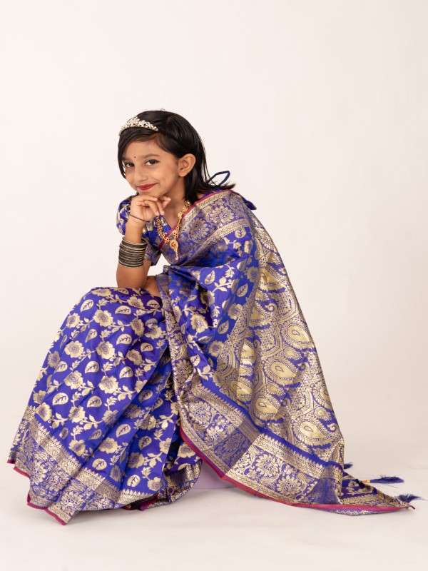 Blue Banarashi Soft Katan Kids Ready Saree (1)