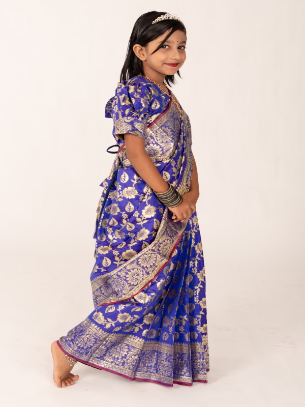 Blue Banarashi Soft Katan Kids Ready Saree (2)