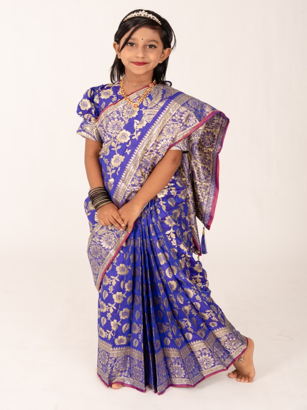 Blue Banarashi Soft Katan Kids Ready Saree