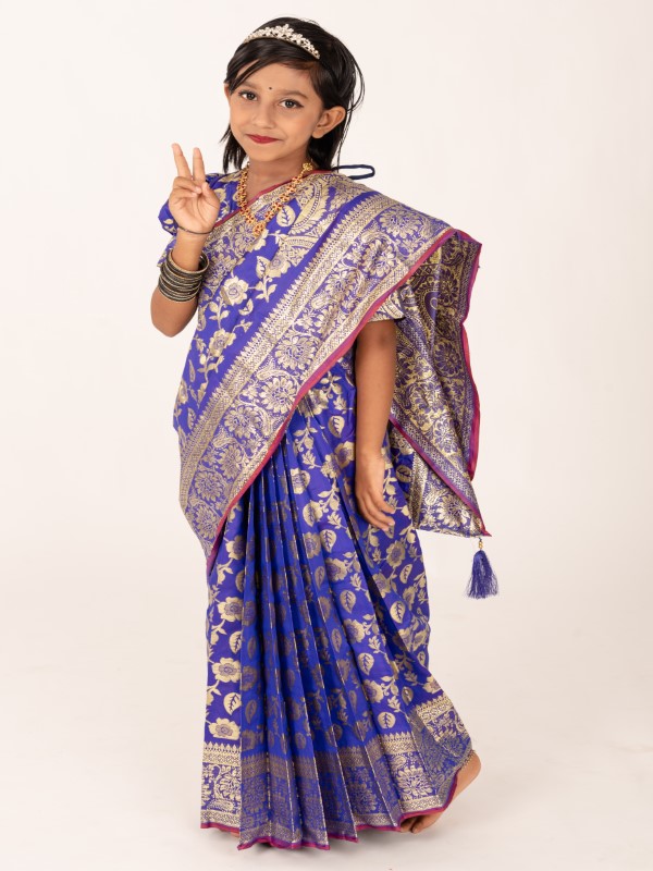 Blue Banarashi Soft Katan Kids Ready Saree (4)