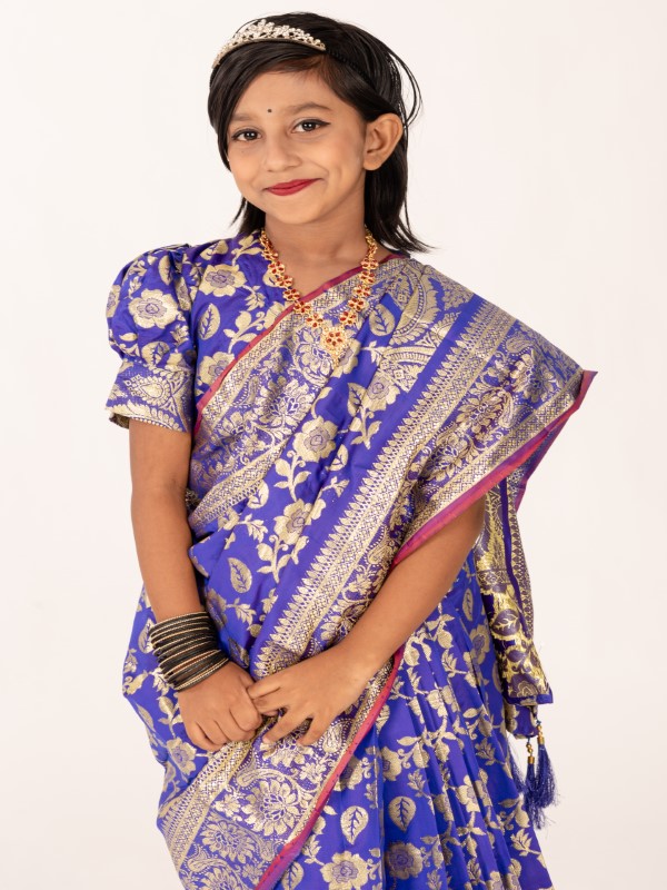 Blue Banarashi Soft Katan Kids Ready Saree (5)