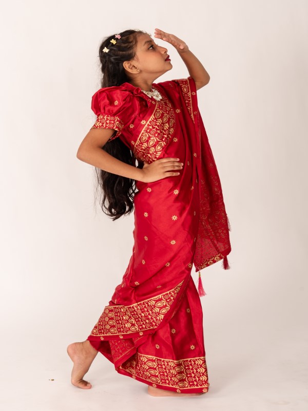 Bold Red Japani Silk Kids Ready Saree for Eid & Party (1)