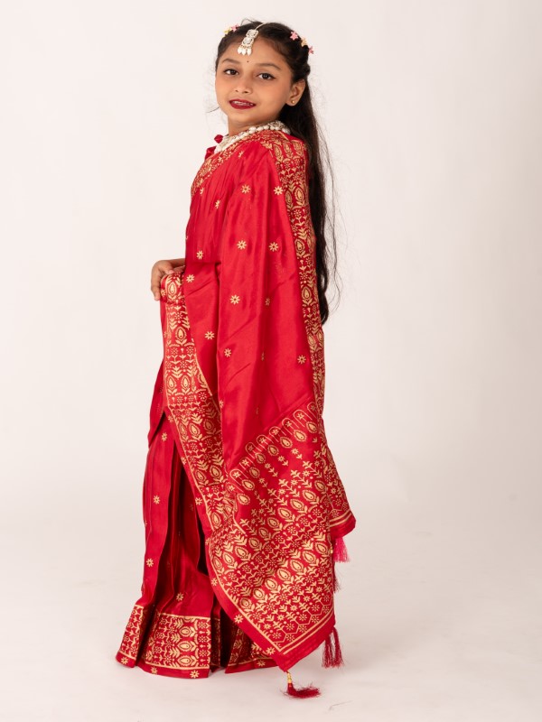 Bold Red Japani Silk Kids Ready Saree for Eid & Party (2)