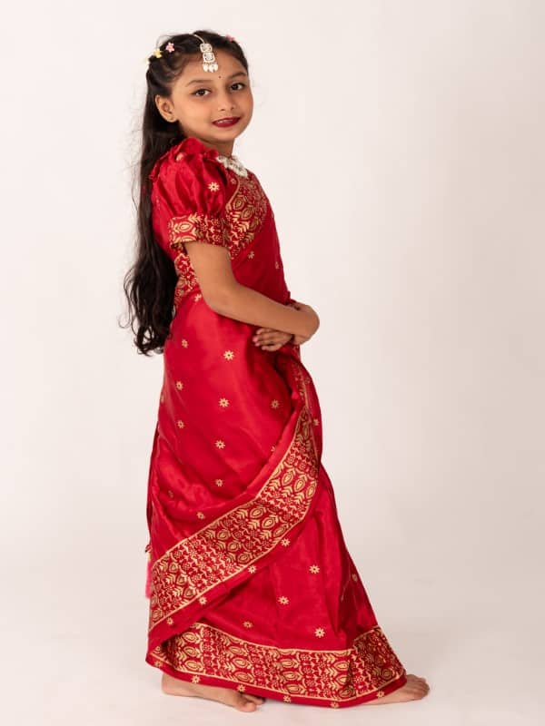 Bold Red Japani Silk Kids Ready Saree for Eid & Party – Festive Collection