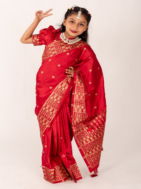 Bold Red Japani Silk Kids Ready Saree for Eid & Party (5)