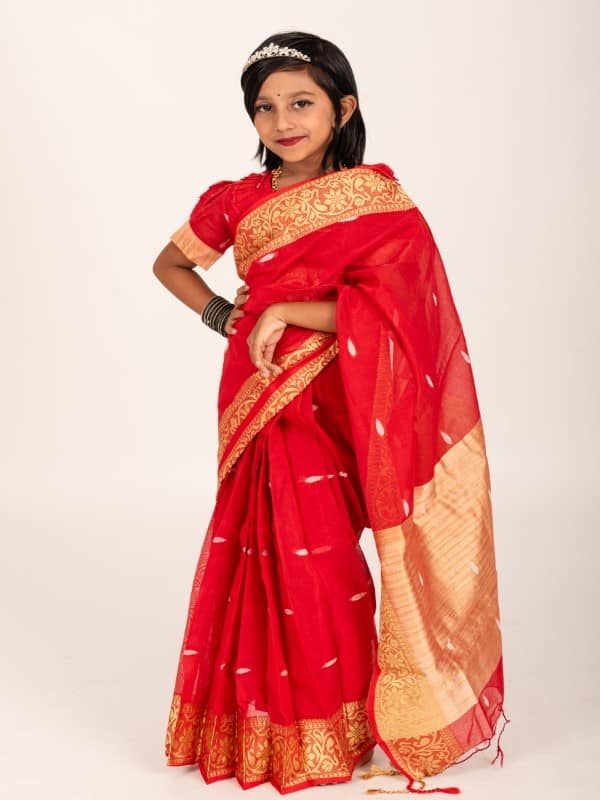 Classic Red Tangail Jamdani Kids Ready Saree for Eid & Weddings – Cultural Collection