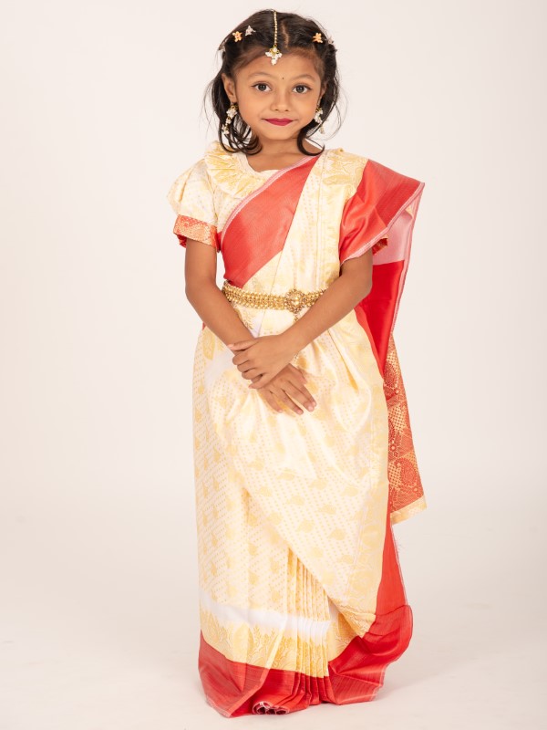 Cream Bota Katan Double Layer Kids Ready Saree for Eid & Weddings – Lightweight Festive Wear