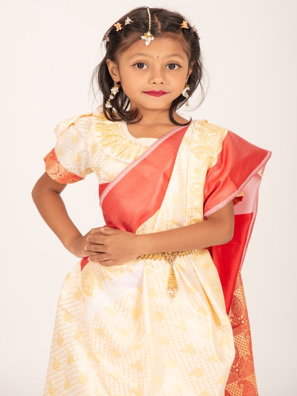 Cream Bota Katan Double Layer Kids Ready Saree for Eid (3)
