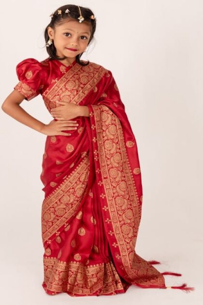 Red Japani Silk Kids Ready Saree