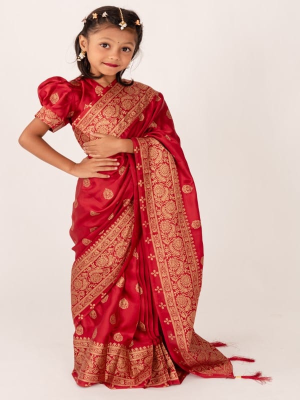 Red Japani Silk Kids Ready Saree
