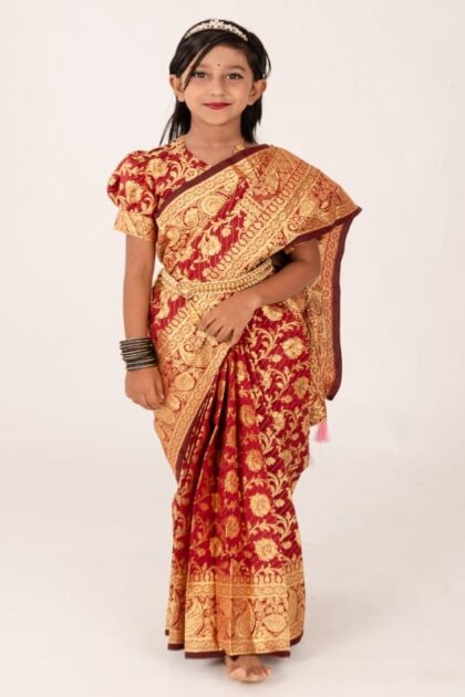 Royal Maroon Lata Banarashi Soft Katan Kids Ready Saree