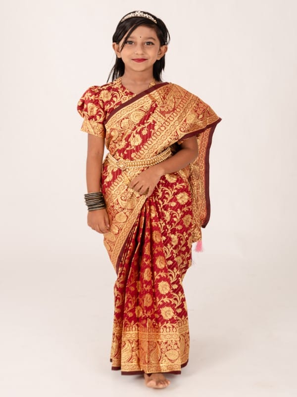 Royal Maroon Lata Banarashi Soft Katan Kids Ready Saree