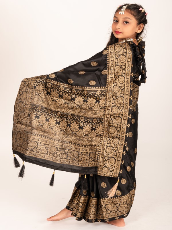 Elegant Black Japani Silk Kids Ready Saree (1)