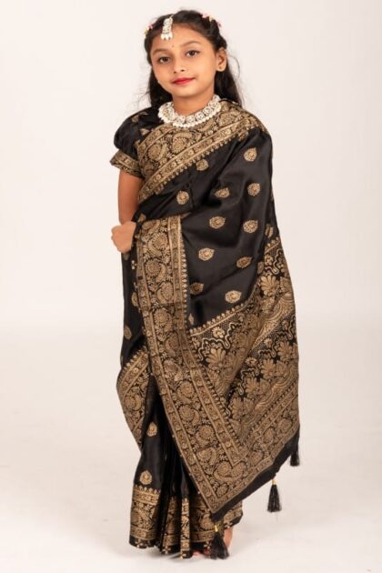 Elegant Black Japani Silk Kids Ready Saree