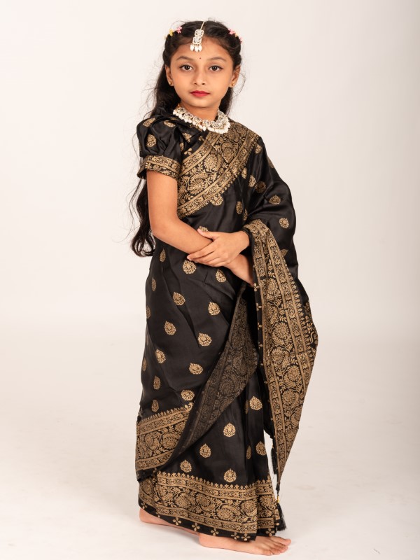Elegant Black Japani Silk Kids Ready Saree (6)