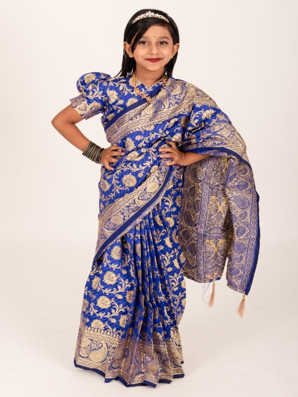 Elegant Blue Lata Banarashi Kids Ready Saree for Eid & Weddings – Premium Party Wear