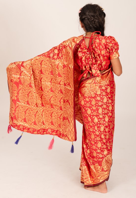 Elegant Pan Pata Design Banarashi Katan Kids Ready Saree (1)