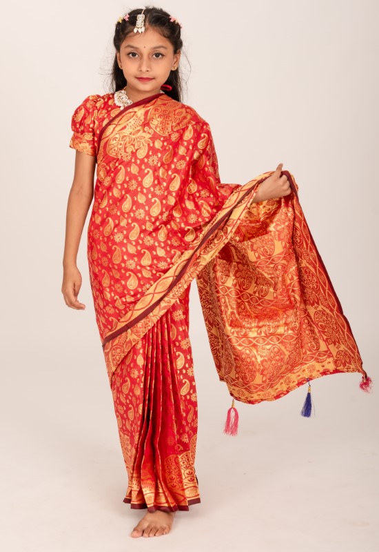 Elegant Pan Pata Design Banarashi Katan Kids Ready Saree (2)