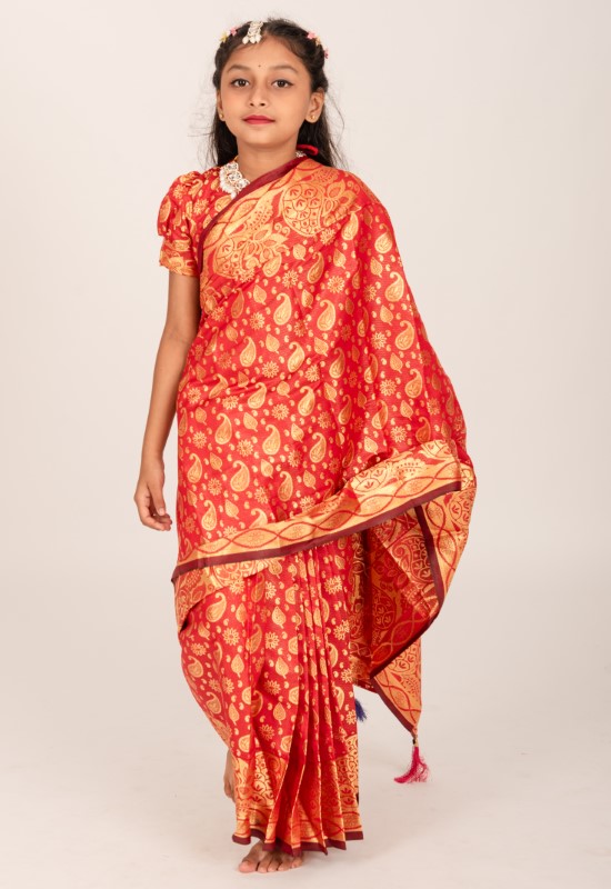 Elegant Pan Pata Design Banarashi Katan Kids Ready Saree for Eid & Weddings – Maroon Wedding Collection