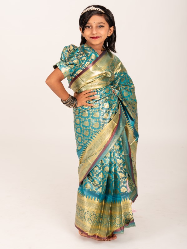 Elegant Pankha Katan Pastel Kids Ready Saree (3)