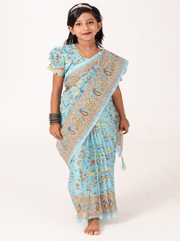 Light Pastel Chunri Cotton Kids Ready Saree – Soft & Comfortable Daily Wear