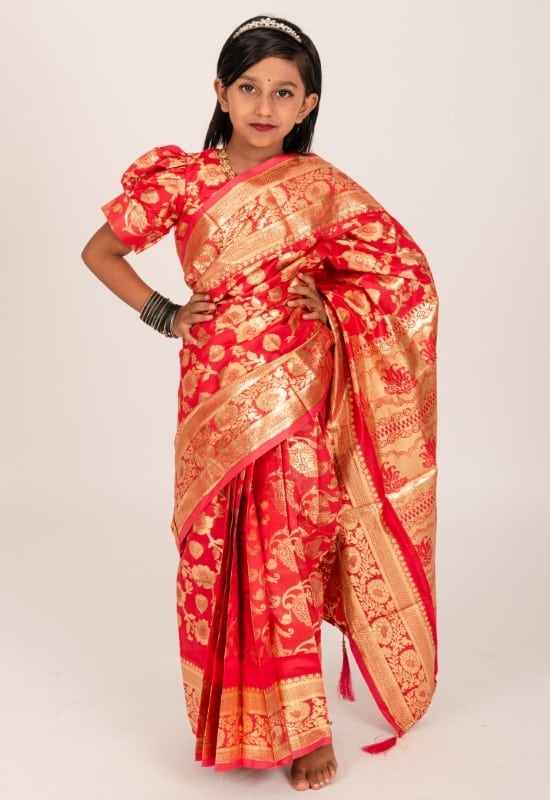 Luxury Golap Full Design Banarashi Katan Kids Ready Saree for Eid & Weddings – Premium Collection