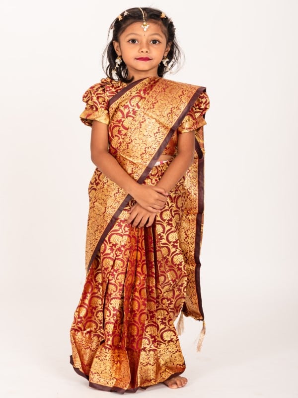 Royal Maroon Banarashi Soft Katan Kids Ready Saree for Eid & Weddings – Premium Wedding Wear