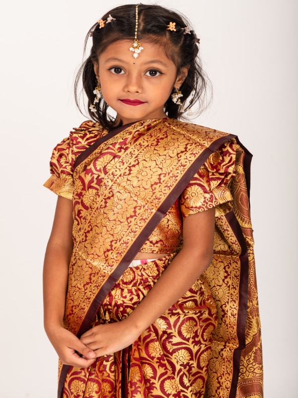 Maroon Banarashi Soft Katan Kids Ready Saree (3)