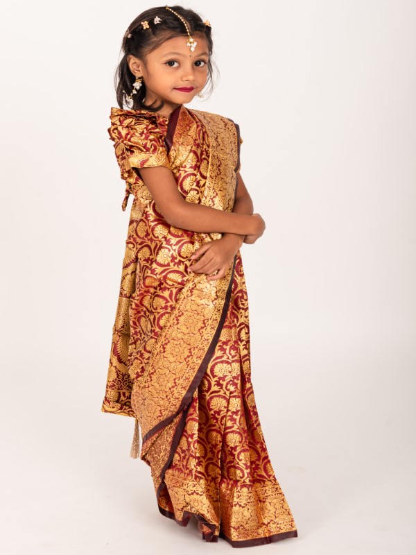 Maroon Banarashi Soft Katan Kids Ready Saree (4)