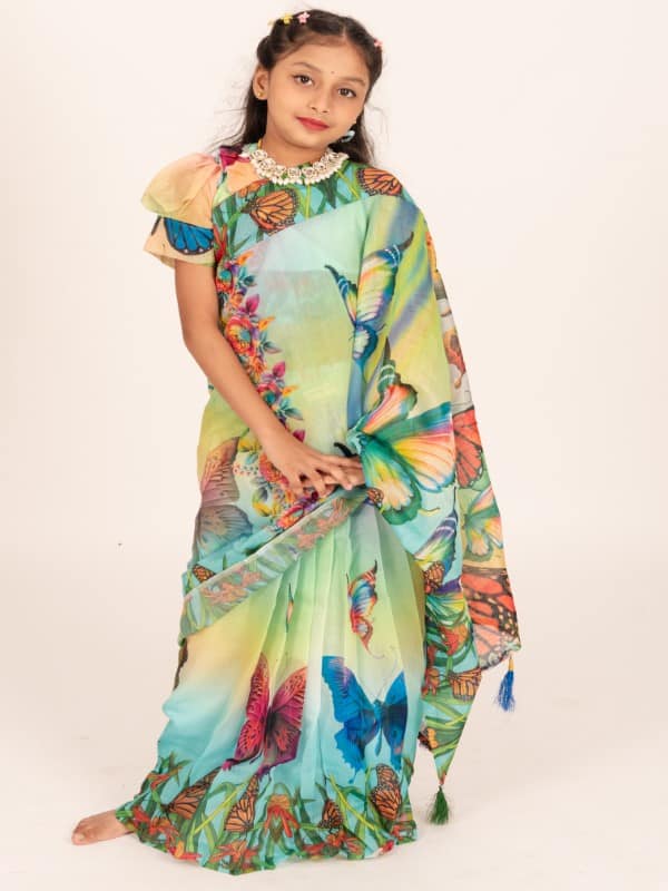 Multi Projapoti Chanderi Silk Kids Ready Saree – Eid & Party Wear