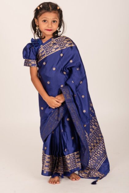 Navy Blue Japani Silk Kids Ready Saree