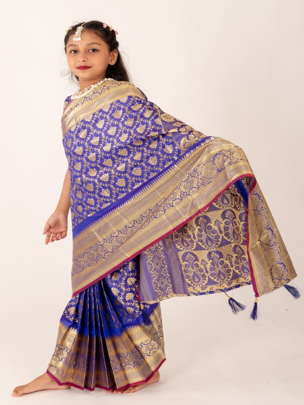 Pankha Design Blue Banarashi Katan Kids Readymade Saree (3)