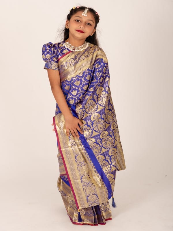 Blue Banarashi Katan Kids Readymade Saree
