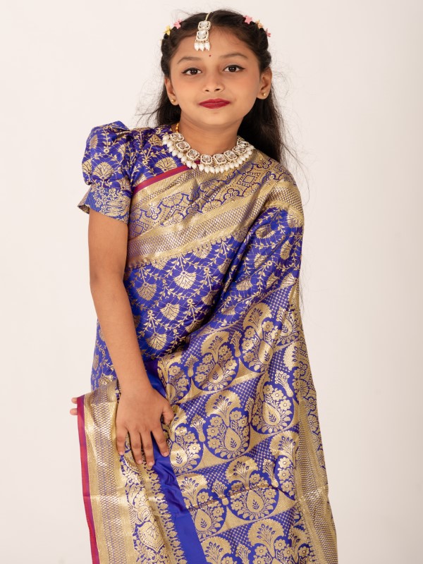 Pankha Design Blue Banarashi Katan Kids Readymade Saree (7)