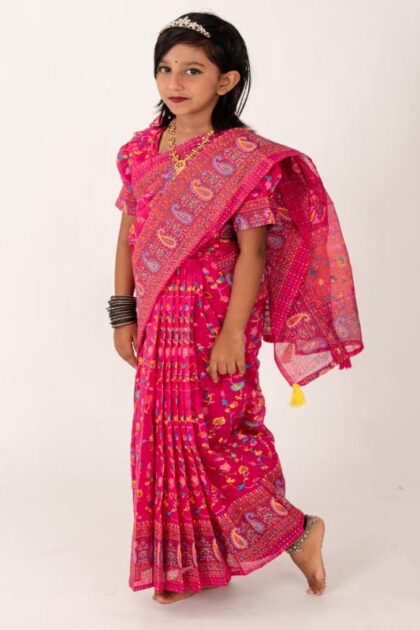 Pink Chunri Half Silk Kids Ready Saree for Eid & Weddings