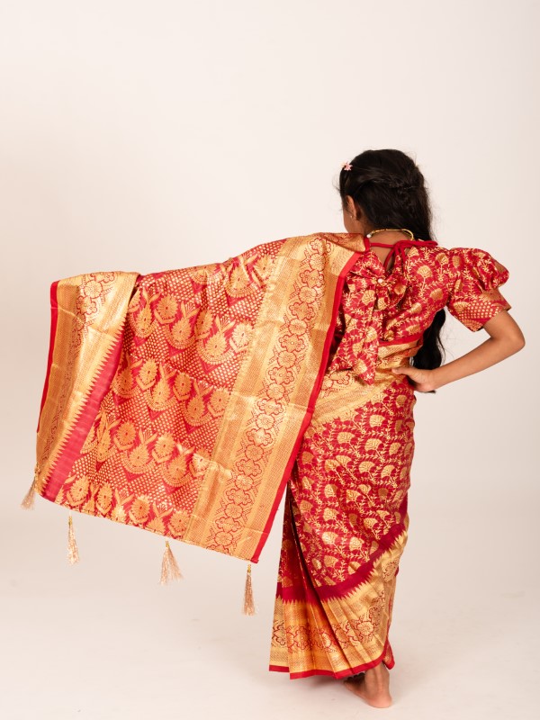 Premium Maroon Pankha Banarashi Kids Ready Saree (1)