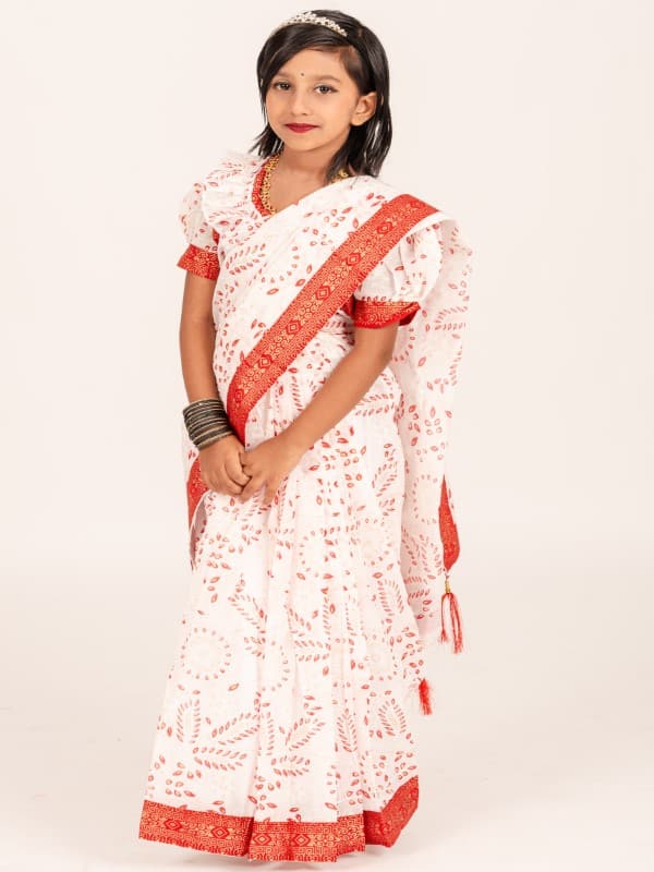 Red-White Boishakhi Cotton Kids Ready Saree for Eid & Weddings – Lightweight Festive Wear