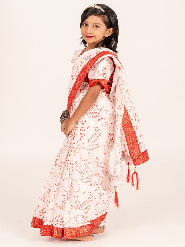 Red-White Boishakhi Cotton Kids Ready Saree for Eid & Weddings (3)